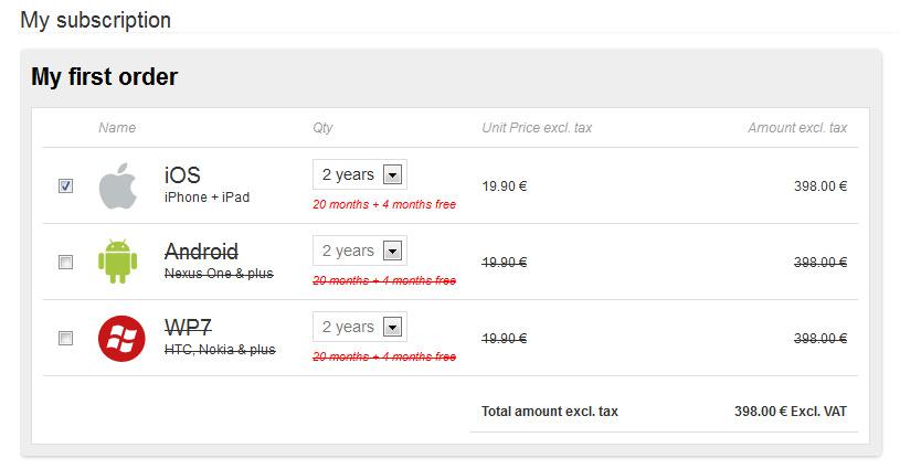 Another example subscription: iOS platform with a two-year payment (4 months free) Another example subscription: iOS platform with a two-year payment (4 months free)